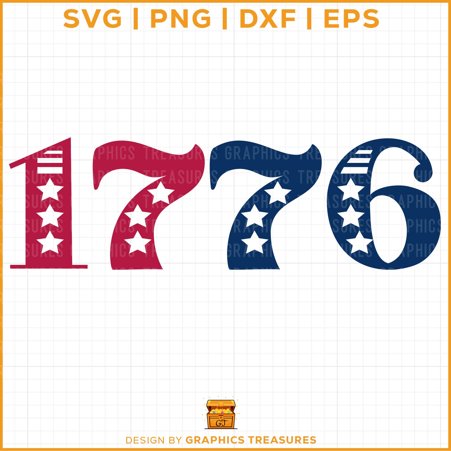 1776 patriotic number design with stars in red and blue