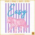 Easy Tiger SVG design with pink tiger illustration and striped retro background for Cricut crafts