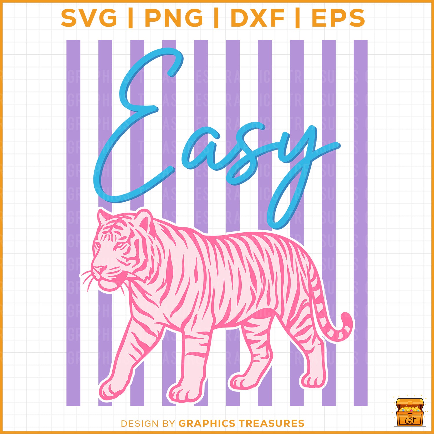 Easy Tiger SVG design with pink tiger illustration and striped retro background for Cricut crafts