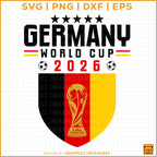 Germany World Cup 2026 SVG design with German flag shield and FIFA trophy for Cricut and Silhouette sports projects