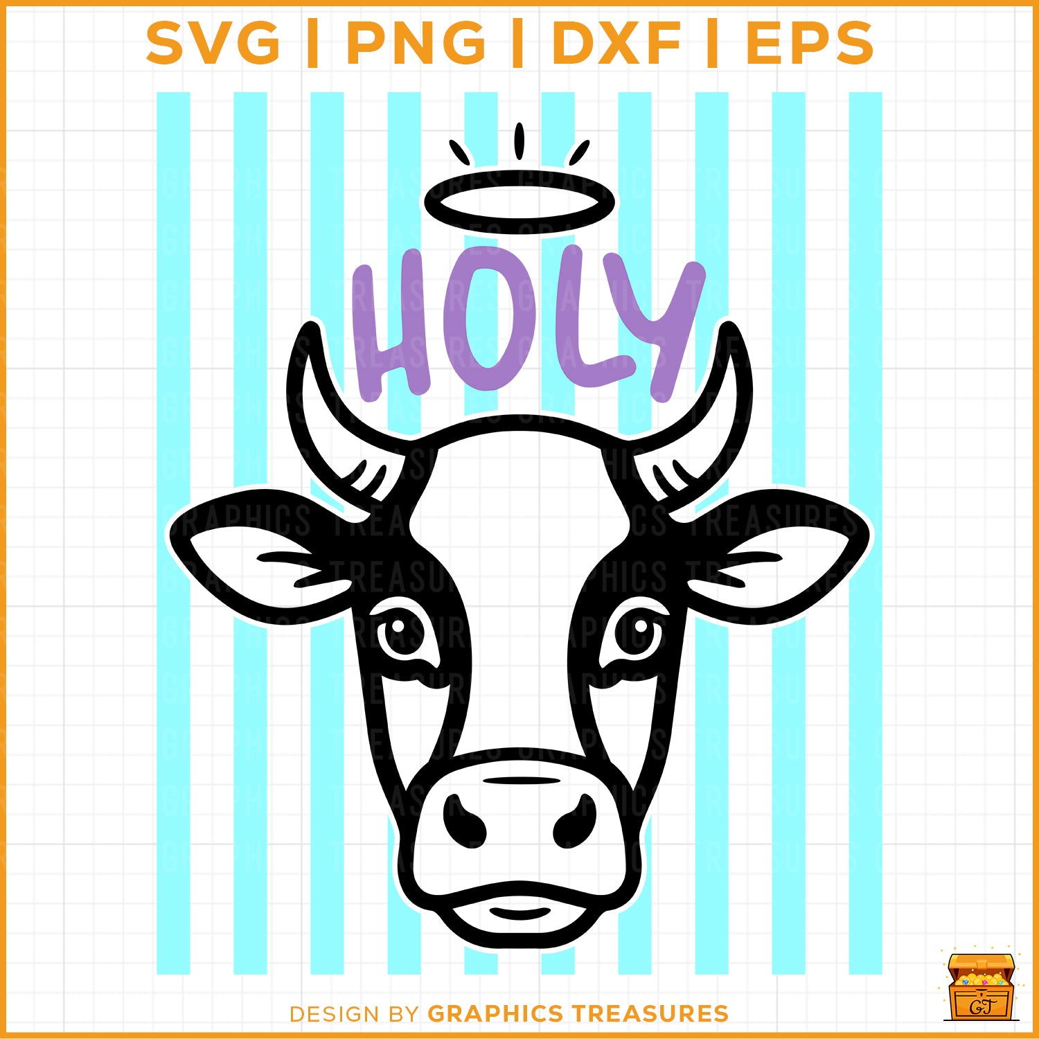 Holy Cow SVG design with cow silhouette and striped background for Cricut and Silhouette craft projects