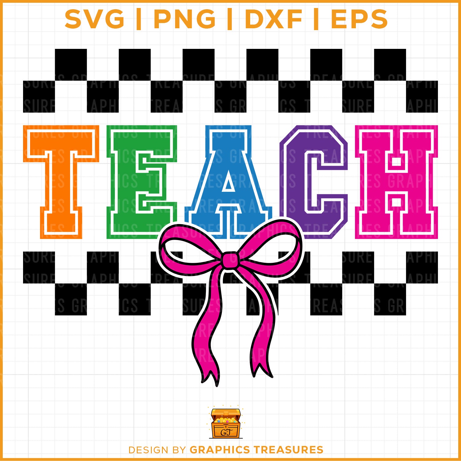 checkered teach teacher svg with colorful coquette bow