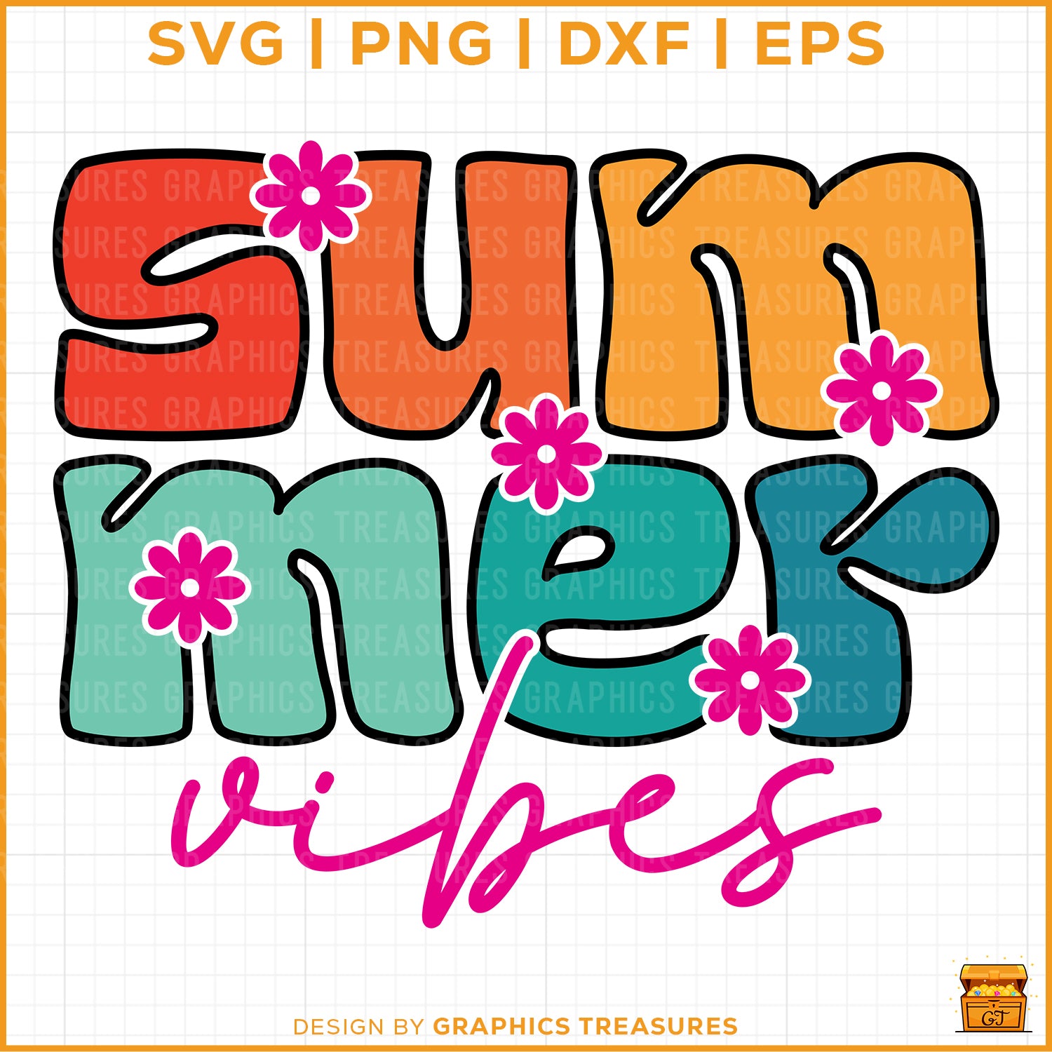 Summer vibes SVG with colorful flowers and bold text design