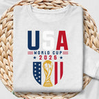 USA themed football supporter shirt design with bold red blue lettering and World Cup 2026 artwork