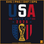USA World Cup 2026 patriotic FIFA soccer SVG design with trophy, red white and blue American flag style artwork for Cricut and Silhouette projects