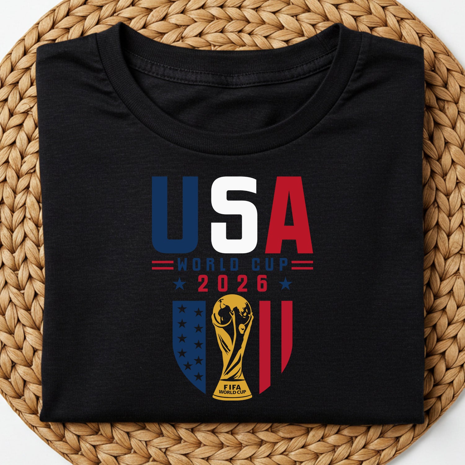 American soccer fan graphic tee featuring USA World Cup 2026 typography and FIFA trophy illustration