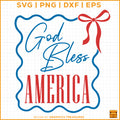 God Bless America patriotic SVG design with script lettering and patriotic ribbon border