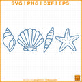 Seashell SVG with beach icons including starfish, turtle, and shells