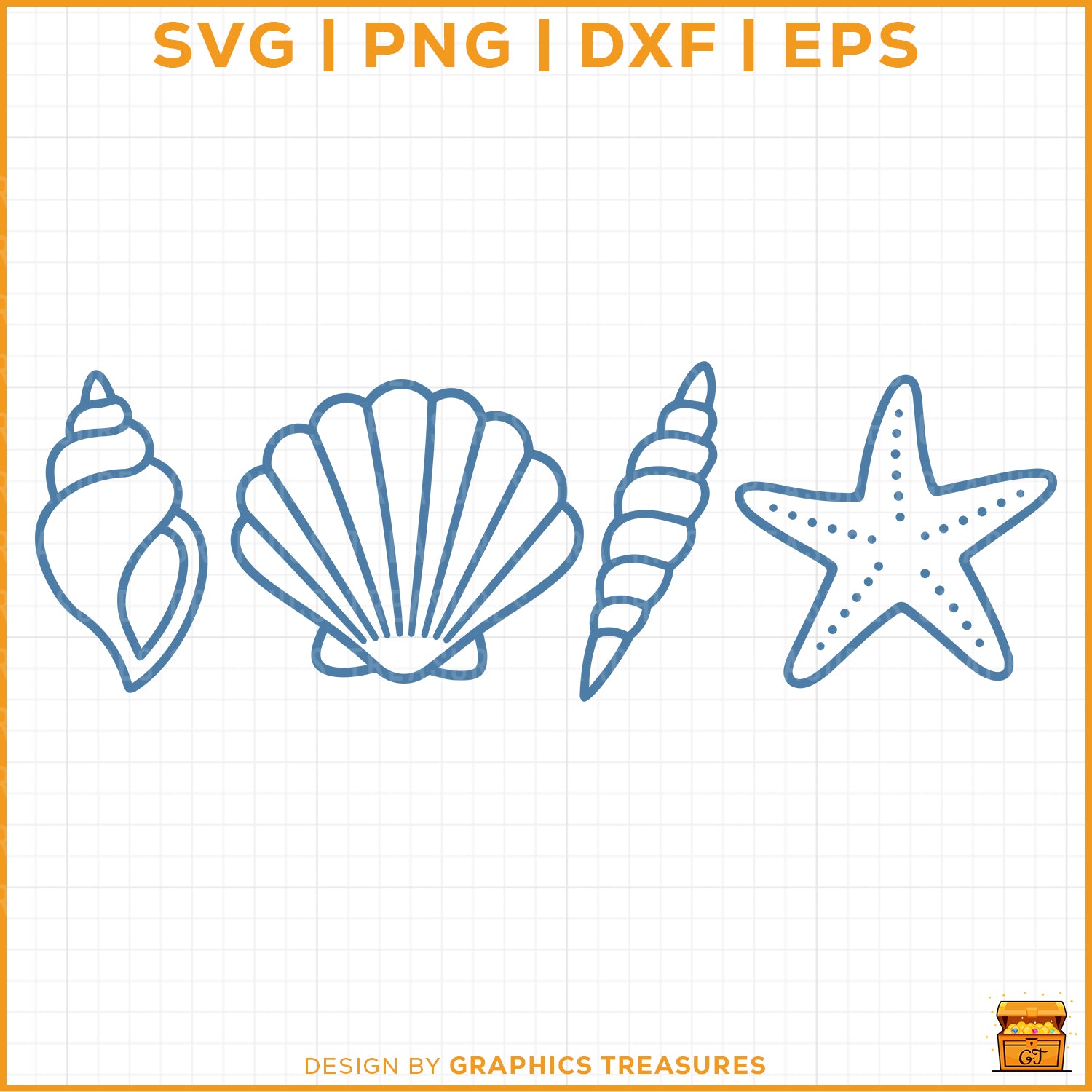 Seashell SVG with beach icons including starfish, turtle, and shells
