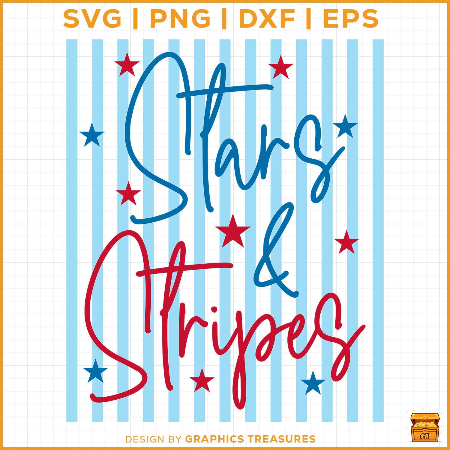 Stars and Stripes patriotic SVG design with red and blue lettering and American flag inspired striped background