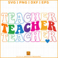 Colorful 'TEACHER' text with a heart on a grid background, featuring file format options and a design credit.